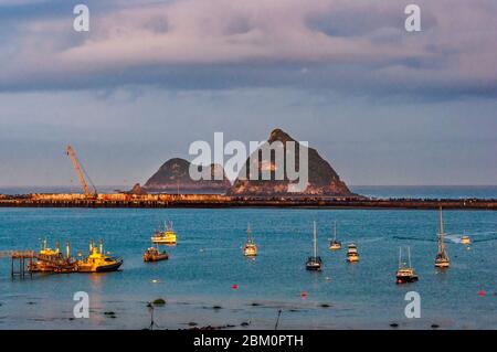 Boote auf Port Taranaki, Whareumu und Motorua Islands in dist, Sonnenaufgang, vom Belt Road Holiday Park in New Plymouth, North Island, Neuseeland Stockfoto