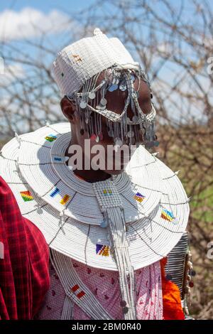 Maasai Frauen in voller traditioneller Party-Outfit, tragen Maasai Schmuck. Maasai ist eine ethnische Gruppe von halbnomadischen Menschen, die in Tansania fotografiert wurden Stockfoto