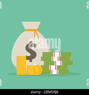 Geldbeutel, Dollar-Münzen und Rechnungen Vektorgrafik. Finanzkonzept. Stock Vektor