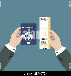 Reisepass und Bordkarte in Geschäftshänden Vektorgrafiken in flachem Stil Stock Vektor
