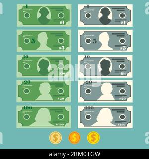 Währung Dollar Banknotensatz, Vektor-Illustration in flachem Design Stock Vektor