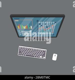 Draufsicht auf Monitor, Tastatur und Maus auf dem Tisch. Abbildung flacher Vektorgrafiken Stock Vektor