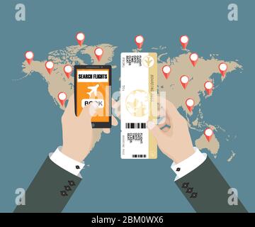 Online-Buchung für Flugtickets im flachen Stil. Handy in der menschlichen Hand mit Buchungsanwendung. Stock Vektor