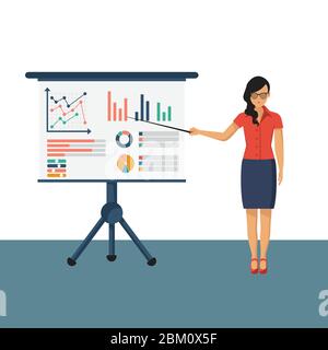 Business Charakter in Anzug mit Zeiger in der Hand präsentiert. Konzept des Finanzberaters. Forschung Diagramm amrket, Diagramme Finanzberichte, Diagramme. Stock Vektor
