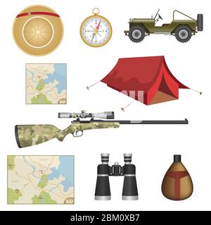 Safari Ausrüstung Satz Vektor-Illustration Stock Vektor