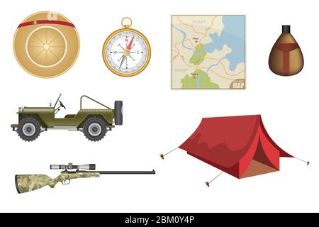 Safari Ausrüstung Satz Vektor-Illustration Stock Vektor
