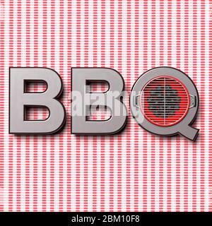 BBQ Picknick, Barbecue Grill Kochen, Grill im Freien Grillfleisch Essen Konzept. Text Buchstaben auf rot weiß karierten Tischdecke Hintergrund. 3d-Darstellung Stockfoto