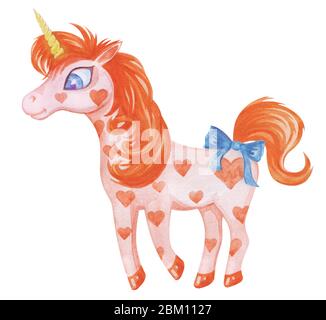 Niedliches magisches Einhorn. Aquarell-Design isoliert auf weißem Hintergrund. Romantische Hand Zeichnung Illustration für Kinder. Stockfoto