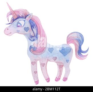 Niedliches magisches Einhorn. Aquarell-Design isoliert auf weißem Hintergrund. Romantische Hand Zeichnung Illustration für Kinder. Stockfoto