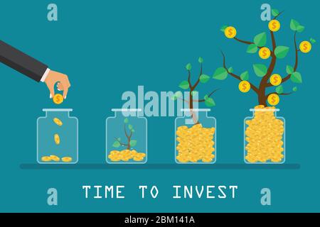 Zeit für ein Konzept. Wachstum des Geschäfts. Geldbaum und finanzieller Wachstumsprozess. Vektorgrafik in flachem Design. Stock Vektor
