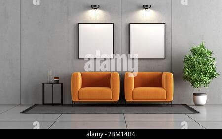 Minimalistisches Betonzimmer mit zwei orangefarbenen Sesseln und Couchtisch - 3d-Rendering Stockfoto