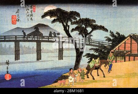 Utagawa Hiroshige, man on Horseback Crossing a Bridge, aus der Serie neunundsechzig Stationen des Kisokaido, Holzschnitt, 1835-1837 Kunst Stockfoto