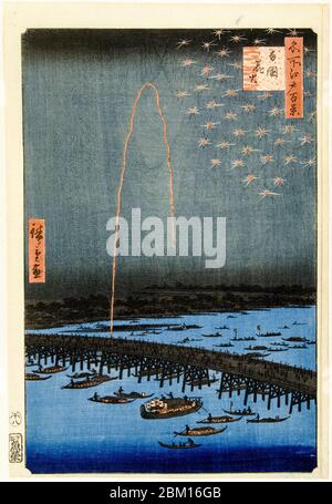 Feuerwerk an der Ryogoku-Brücke, aus der Serie hundert berühmte Ansichten von Edo, Holzschnitt von Utagawa Hiroshige, 1858 Stockfoto