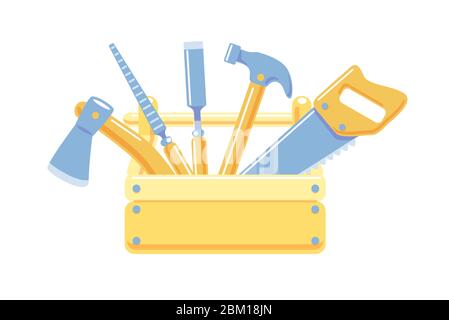 Holz Toolbox mit Tischlerwerkzeugen isolierte Vektor-Illustration. Cartoon Tischler Instrument Ausrüstung. Handbox mit Hammer, Säge, Axt, Meißel, Feile Flachholzarbeiten Icons. Einfaches Konstruktionswerkzeug. Stock Vektor