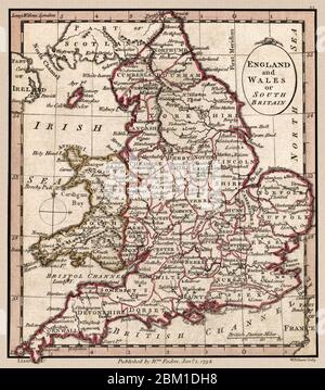 'England und Wales oder Süd-Britannien.' Karte zeigt geographische Abteilungen um 1798. Dies ist eine wunderschön detaillierte historische Kartenwiedergabe. Original aus einem britischen Atlas, herausgegeben vom berühmten Kartographen William Faden. Stockfoto