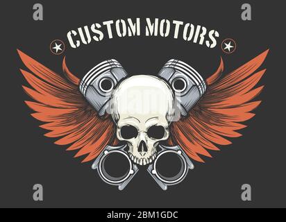 Schädel mit Flügeln und gekreuzten Kolben Illustration. Emblem für Motorradclub oder Motorradwerkstatt. Vektorgrafik. Stock Vektor