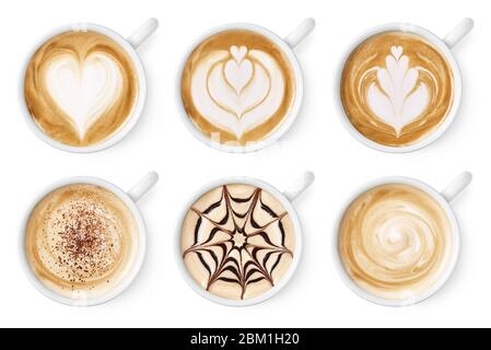 Set von sechs verschiedenen Kaffee Latte oder Cappuccino Schaum Kunst isoliert auf weißem Hintergrund. Draufsicht Stockfoto