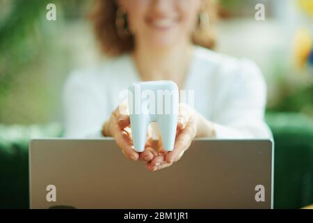 Nahaufnahme einer lächelnden Frau mit Laptop, die an sonnigen Tagen im Wohnzimmer Zahn zeigt. Stockfoto