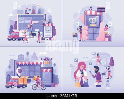 Online-Shopping E-Commerce Flat Web Illustrationen Stock Vektor