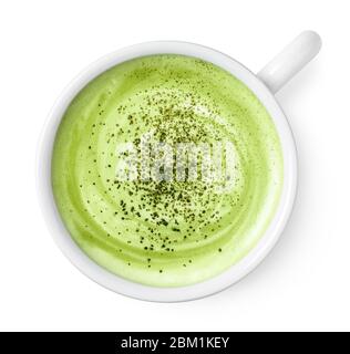 Tasse grüner Tee Matcha Latte isoliert auf weißem Hintergrund, Draufsicht Stockfoto
