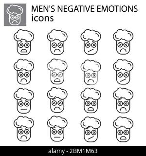 Negative Emotionen gesetzt Vektor Junge, Mann lineare Symbol. Negativer Gesichtsausdruck Emoticon Vektor-Zeichen, Symbol schwarz auf weißem Hintergrund Stock Vektor