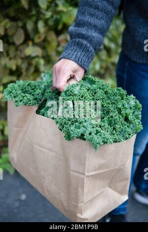 Frau mit einem Papiertütchen voller frischem Grünkohl. Stockfoto