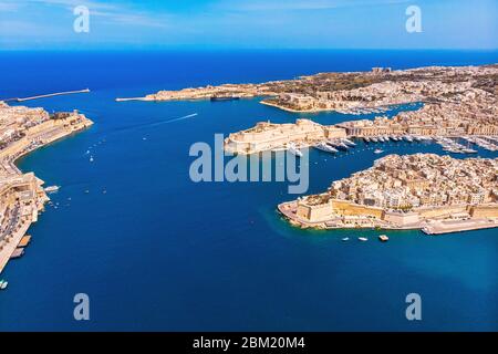 Valletta Hauptstadt von Malta. Panorama sengla, Birgu, Kalkara. Luftaufnahme von oben. Stockfoto
