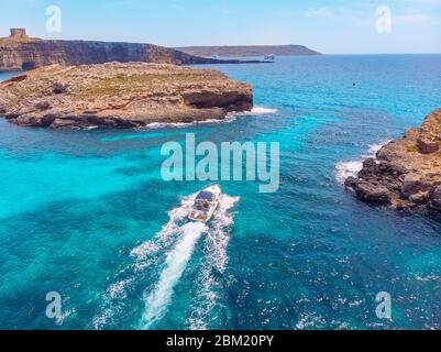 Panorama Beach Blue Lagoon Comino Malta. Luftansicht Stockfoto