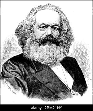 Karl Marx, 5. Mai 1818 - 14. März 1883, war ein deutscher Philosoph, Ökonom, Sozialtheoretiker, politischer Journalist Protagonist der Arbeiterbewegung, sowie Kritiker des Kapitalismus / Karl Marx, 5. 1818. - 14. Mai. März 1883, war ein deutscher Philosoph, Ökonom, Gesellschaftstheoretiker, politischer Journalist, Protagonist der Arbeiterbewegung sowie Kritiker des Kapitalismus, historisch, historisch, digital verbesserte Reproduktion eines Originals aus dem 19. Jahrhundert / Digitale Reproduktion einer Originalvorlage aus dem 19. Jahrhundert, Stockfoto