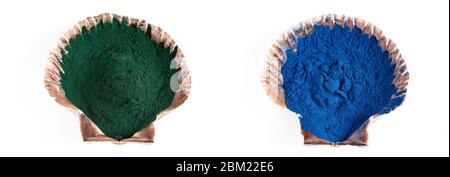 Blau und grün Spirulina Algenpulver, gesunde Nahrungsergänzungsmittel. Stockfoto