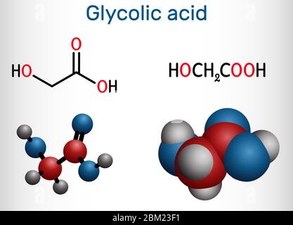 Glykolsäure, Hydroessigsäure oder Hydroxyessigsäure, C2H4O3-Molekül. Es ist Alpha-Hydroxy-Säure, AHA. Strukturelle chemische Formel und Molekülmodell. Vec Stock Vektor