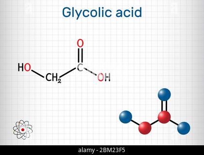 Glykolsäure, Hydroessigsäure oder Hydroxyessigsäure, C2H4O3-Molekül. Es ist Alpha-Hydroxy-Säure, AHA. Strukturelle chemische Formel und Molekülmodell. Sie Stock Vektor