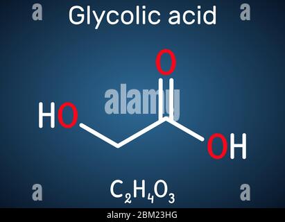 Glykolsäure, Hydroessigsäure oder Hydroxyessigsäure, C2H4O3-Molekül. Es ist Alpha-Hydroxy-Säure, AHA. Strukturelle chemische Formel auf dem dunkelblauen Hintergrund Stock Vektor