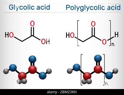 Glykolsäure (Hydroessigsäure, Hydroxyessigsäure) und Polyglykolsäure (Polyglykolsäure, PGA). Strukturelle chemische Formel und Molekülmodus Stock Vektor