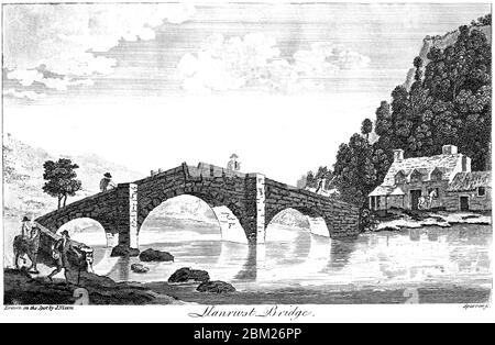 Eine Gravur der Llanrwst Bridge, gescannt in hoher Auflösung aus einem 1827 gedruckten Buch. Dieses Bild ist frei von allen Copyright-Einschränkungen Stockfoto