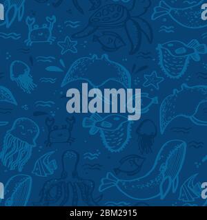 Blaues Nahtloses Muster mit Meerestieren. World Oceans Day Text handgezeichnete Schrift isoliert. Feier zum Ocean Day. Vektorgrafik. Stock Vektor