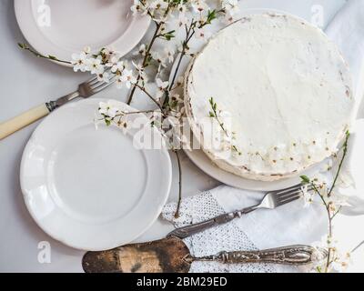 Blühender Baum und frischer, hausgemachter Kuchen. Nahaufnahme Stockfoto