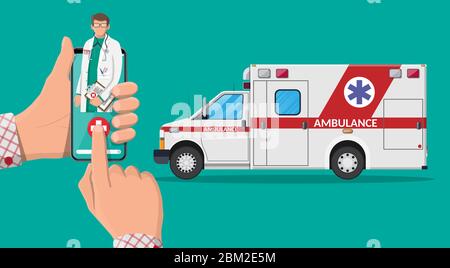 Rufen Sie den Krankenwagen über das Mobiltelefon an. Fahrzeug für Notaufnahmen. Smartphone mit Arzt und medizinischem Transporter. Gesundheitswesen, Krankenhaus und medizinische Diagnostik. Dringlichkeitsdienste. Abbildung flacher Vektorgrafiken Stock Vektor