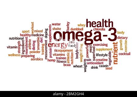 Omega-3 Wort Wolke Konzept auf weißem Hintergrund Stockfoto