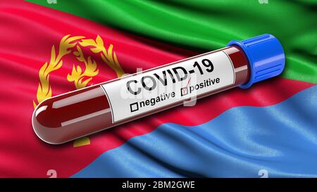 Flagge von Eritrea winkend im Wind mit einem positiven Covid-19 Blutprobe Rohr. Stockfoto