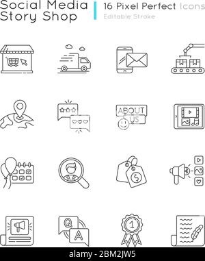 Social Media Story Pixel perfekte lineare Symbole gesetzt Stock Vektor