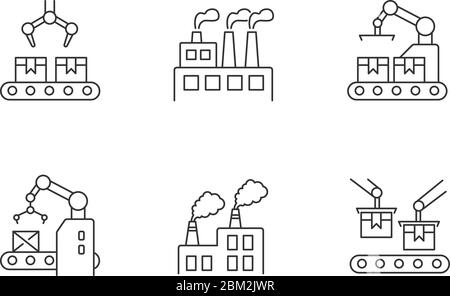 Fabrik Produktion Pixel perfekte lineare Symbole gesetzt Stock Vektor