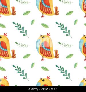Aquarell nahtlose Muster mit Vögeln und Blättern. Niedliche handgezeichnete Illustration für Textil, Scrapbooking, Kindergarten, Kinder Verpackung, Poster, Druck und c Stockfoto