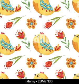 Aquarell nahtlose Muster mit Vögeln und Blumen. Niedliche handgezeichnete Illustration für Textil, Scrapbooking, Kinderzimmer, Kinder Verpackung, Poster, drucken. Stockfoto