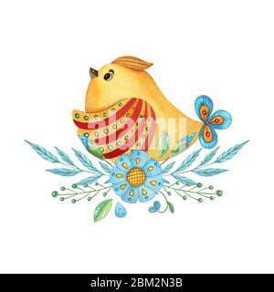 Aquarell handbemalte Illustration mit Vogel und Blume Dekor. Niedliches Design für Textil, Scrapbooking, Kinderzimmer, Kinder Verpackung, Poster und drucken. Stockfoto