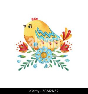 Aquarell handbemalte Illustration mit Vogel und Blume Dekor. Niedliches Design für Textil, Scrapbooking, Kinderzimmer, Kinder Verpackung, Poster und drucken. Stockfoto