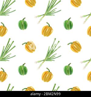 Aquarell nahtlose Muster mit frischem Gemüse auf dem hellen Hintergrund. Helle Cartoon-Illustration von Paprika und grüne Zwiebel. Stockfoto