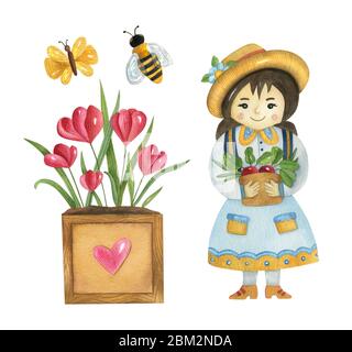 Aquarell Gartenarbeit Set auf dem hellen Hintergrund. Helle handbemalte Illustration mit einem niedlichen Mädchen, Insekten und Blumen. Stockfoto