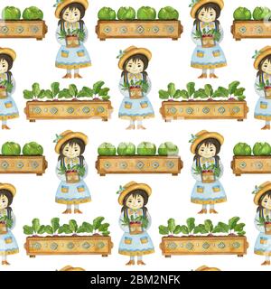 Aquarell nahtlose Muster mit Gartenpflanzen und niedlichen Mädchen auf dem hellen Hintergrund. Helle Cartoon-Illustration von Sämlingen in den Holzkisten. Stockfoto
