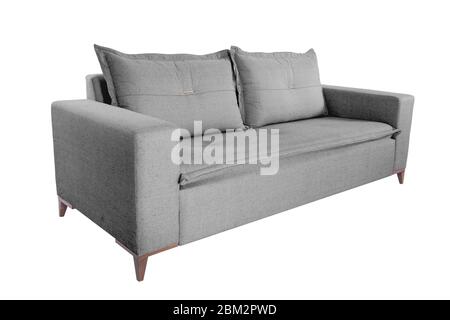 Drei Sitze gemütlich beiger Stoff sofa auf weißem Hintergrund Stockfoto